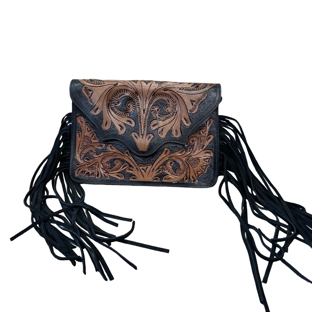 Artisan Black and Brown Fringed Clutch